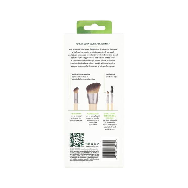 Back of ECOTOOLS makeup brush trio box with brush diagrams and usage text