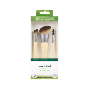 ECOTOOLS makeup brush trio in retail box with three face brushes shown
