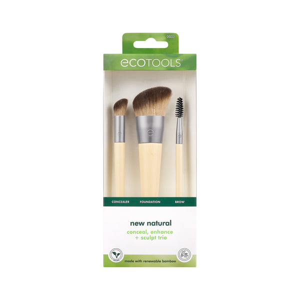 ECOTOOLS makeup brush trio in retail box with three face brushes shown