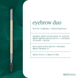 Eyebrow duo brush packaging card with brush pictured and key use highlights