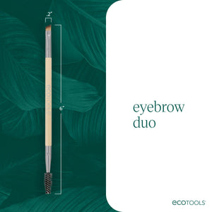 Eyebrow duo brush with beige and silver handle, shown beside length guide