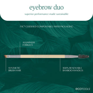 Eyebrow duo brush with synthetic bristles, spoolie end, and bamboo handle shown