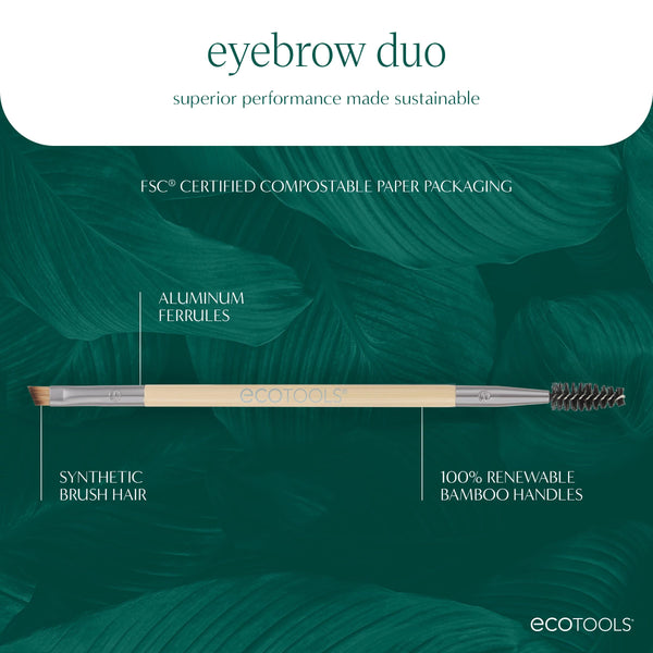 Eyebrow duo brush with synthetic bristles, spoolie end, and bamboo handle shown