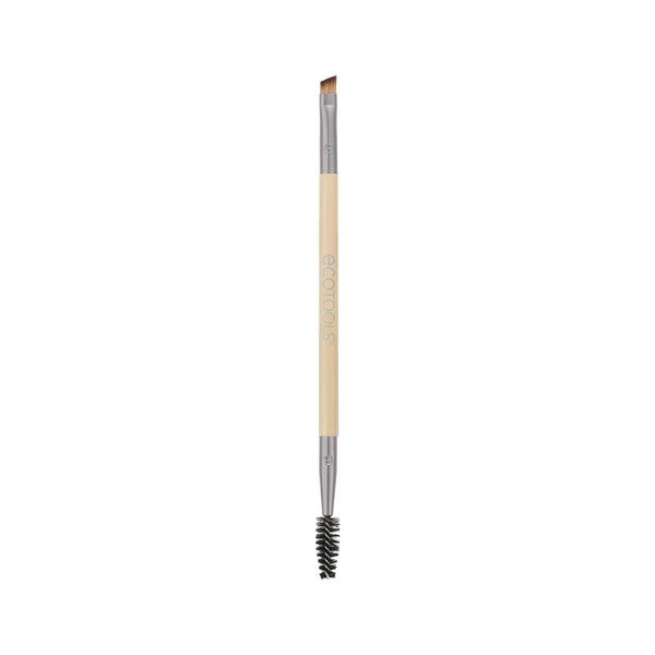 Eyebrow duo brush with angled bristle tip and black spoolie on beige handle