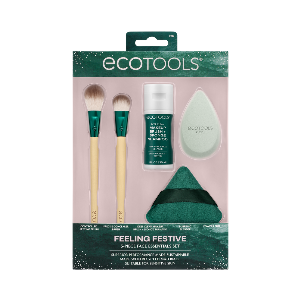 Face makeup tool set with two green-handled brushes, drop sponge, triangle sponge, and bottle