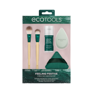 Front of ecotools Feeling Festive 5-piece face essentials set gift box with brushes and sponges