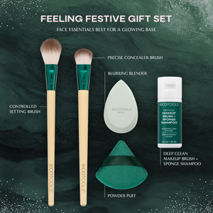 Face makeup gift set with two setting brushes, blending sponge, triangular sponge, powder puff, and bottle