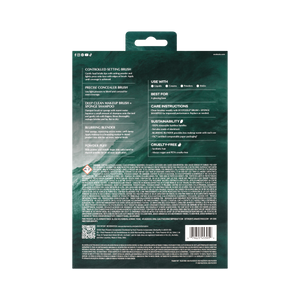 Back of face makeup set box with ingredient and instructions text on teal packaging