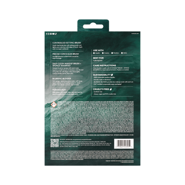 Back of face makeup set box with ingredient and instructions text on teal packaging