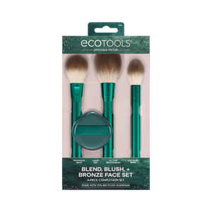 Ecotools face set packaging with three brushes and teal liquid puff accessory