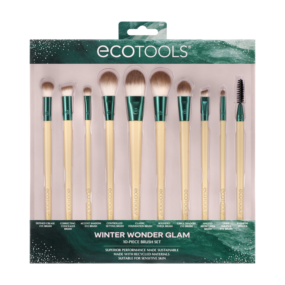 10-piece makeup brush set with teal handles, cream ferrules, and soft rounded bristles