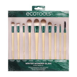 Front retail package of 10-piece makeup brush set with teal-handled brush assortment