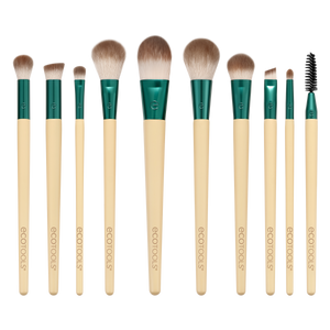 10-piece makeup brush set with teal handles, cream ferrules, and soft rounded bristles
