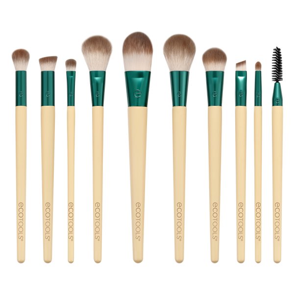 10-piece makeup brush set with teal handles, cream ferrules, and soft rounded bristles