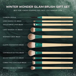 Back card of makeup brush gift set with multiple brush types labeled and illustrated