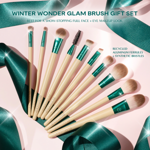 10-piece makeup brush set fanned out with teal heads and cream handles