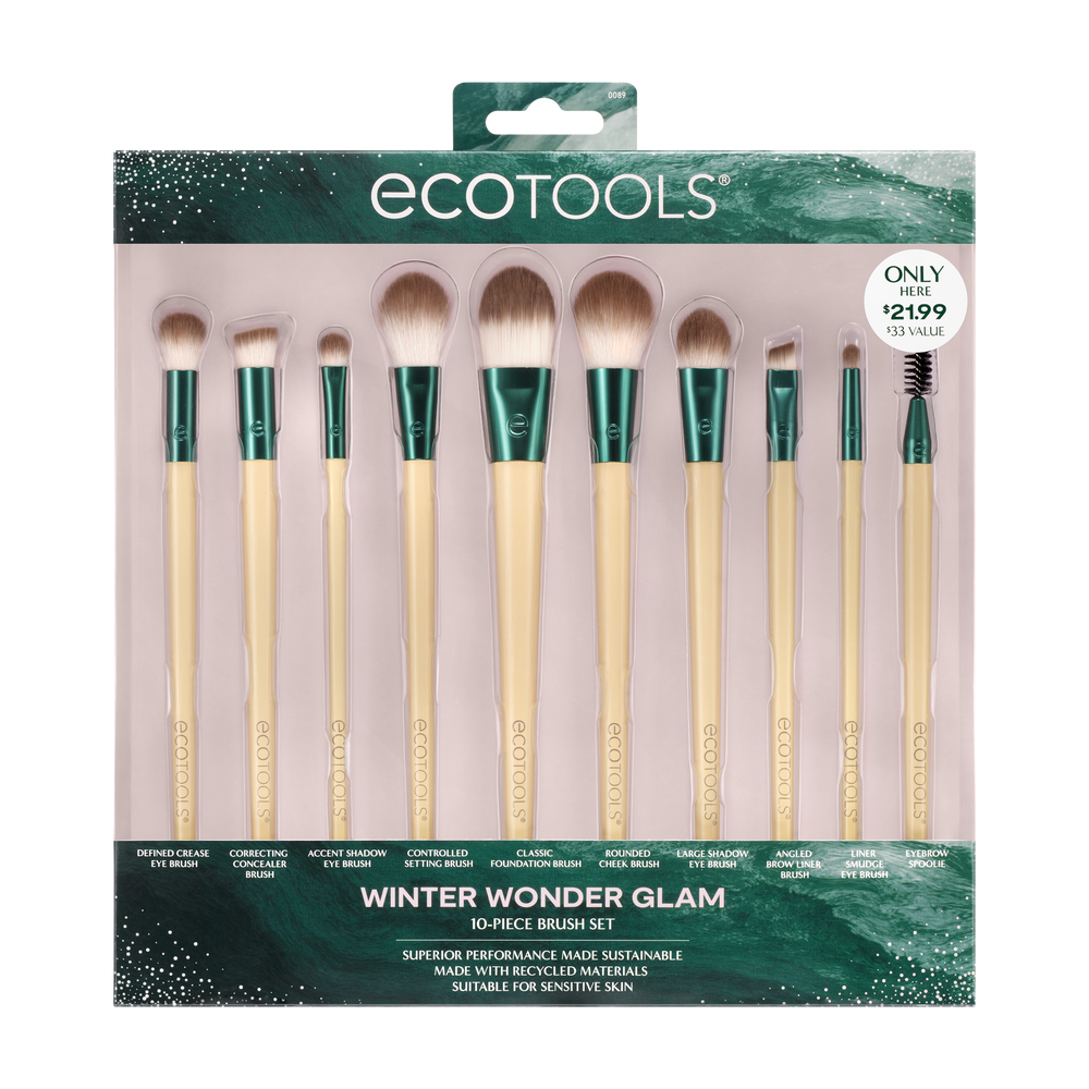 10-piece makeup brush set with teal handles, cream ferrules, and soft rounded bristles
