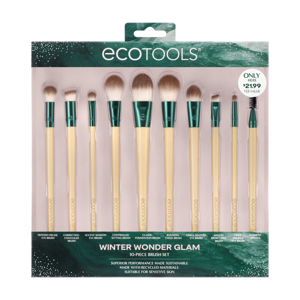 Winter Wonder Glam makeup brush set, 10 brushes with soft bristles and cream handles