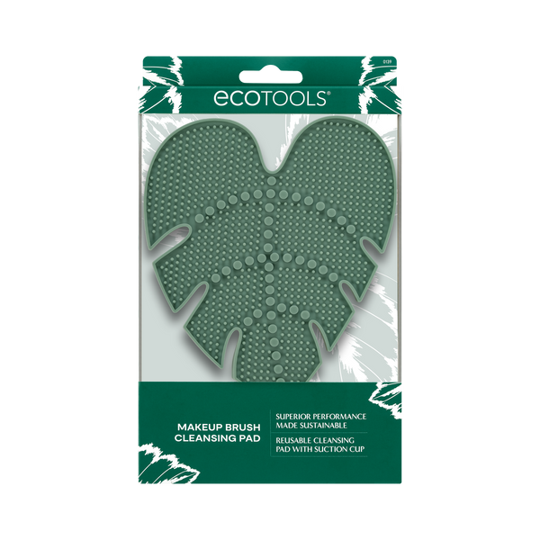 Green makeup brush cleansing pad blister pack with leaf-shaped silicone cleaning head