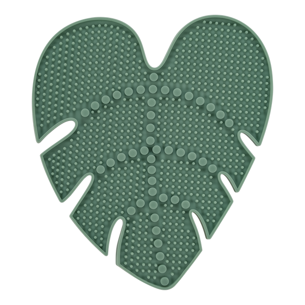 Leaf-shaped green silicone makeup brush cleansing pad with dense cleaning dots