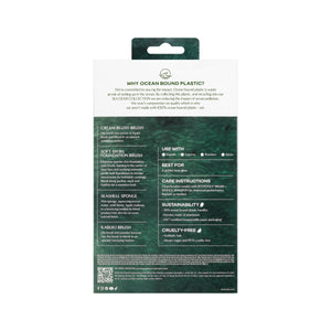 Face brush and sponge set package back, green box design with use instructions