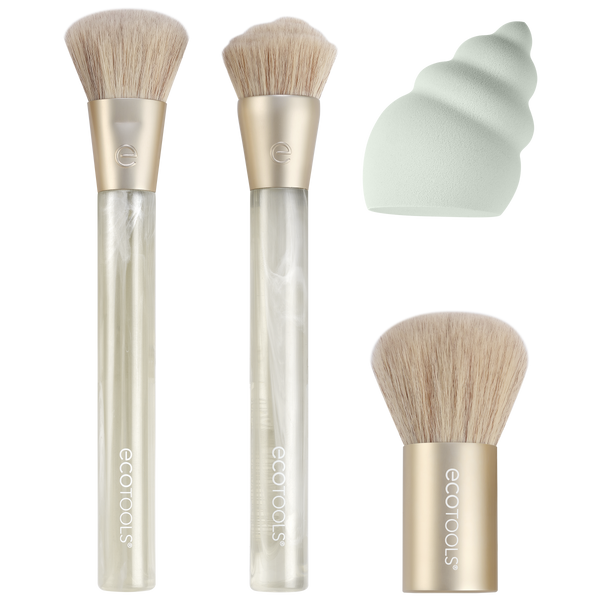 Sea Gems face brush set with three brushes, clear handles, and light bristles