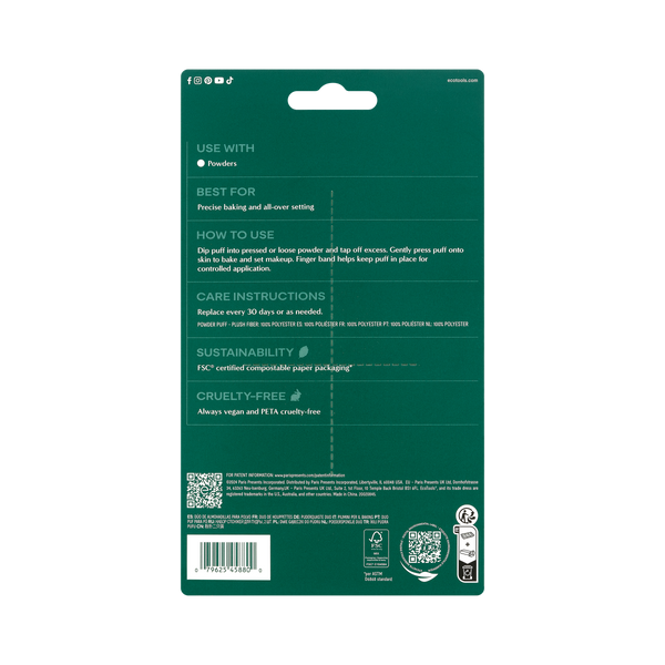 Powder puff duo retail package back panel with care and instructions