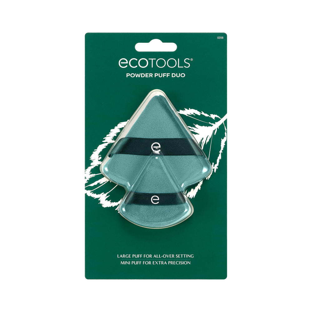 Two teal triangular powder puffs with dark green bands