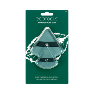 Powder puff duo retail package showing two teal triangular puffs