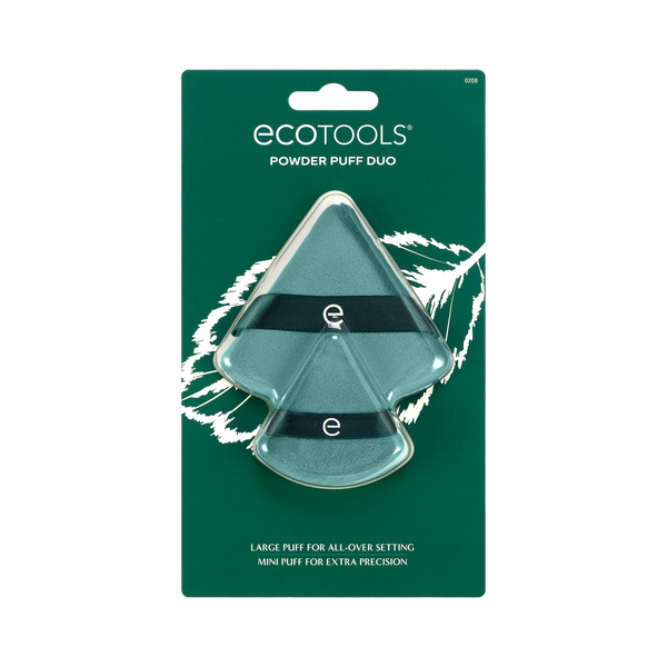 Powder puff duo retail package showing two teal triangular puffs