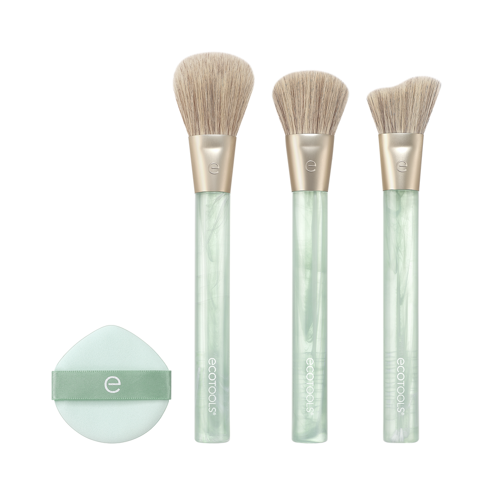 Mint makeup brush set with three soft bristle brushes and 'e' logo handles