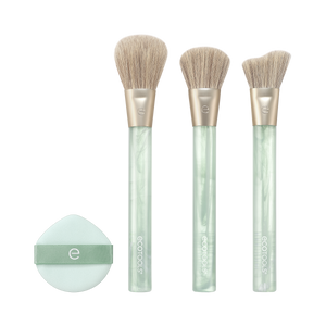 Mint makeup brush set with three soft bristle brushes and 'e' logo handles