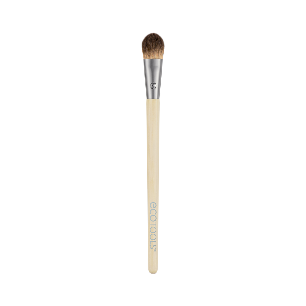All-over eye makeup brush, beige handle, tapered brown bristles.