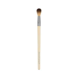 Tapered eye crease makeup brush with beige handle and dense brown bristles