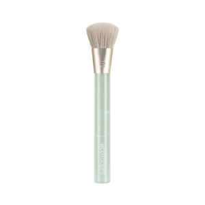 Cream blush makeup brush with soft beige bristles and light green translucent handle