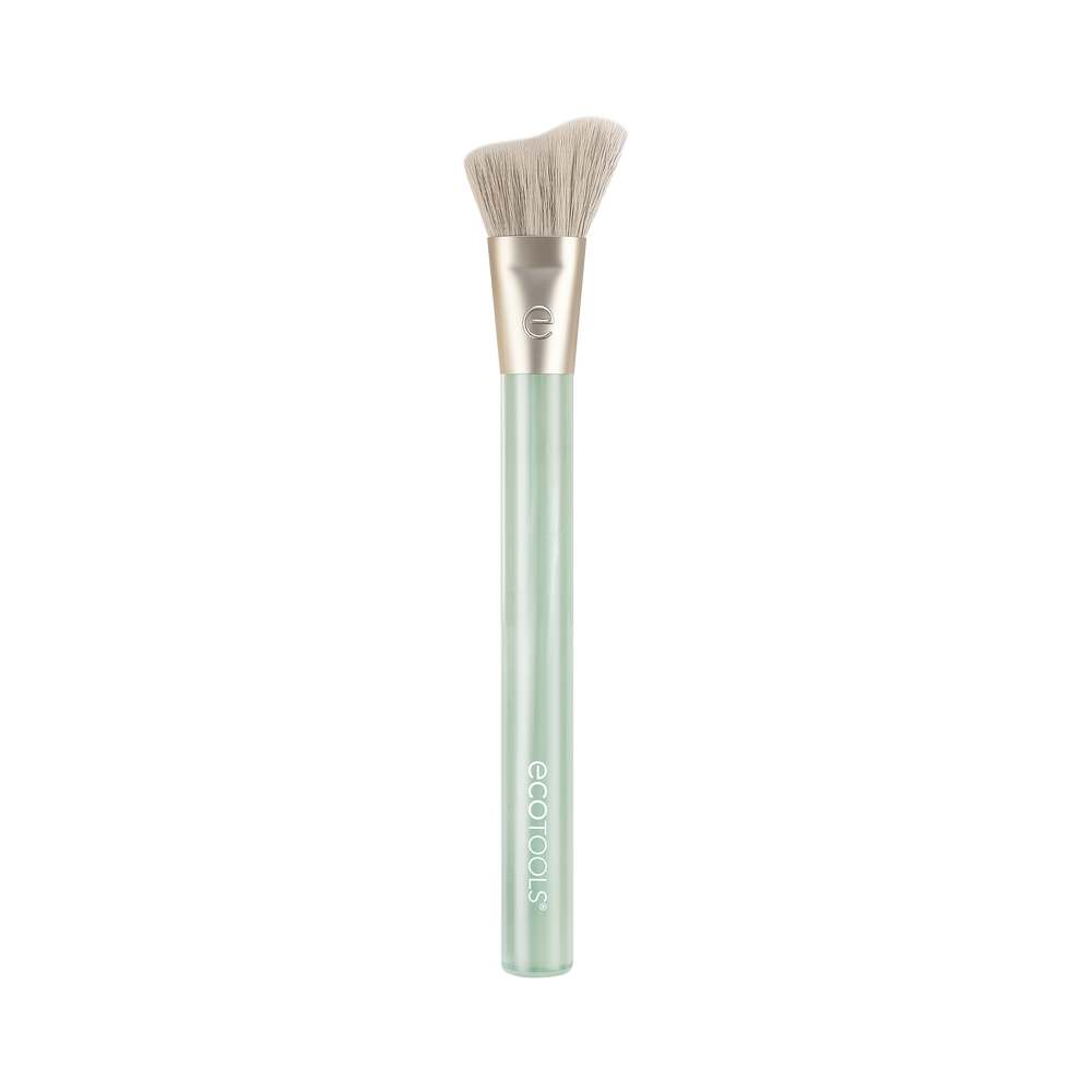 Highlighter brush with curved tapered bristles and translucent mint-green handle