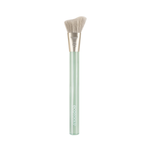 Highlighter brush with curved tapered bristles and translucent mint-green handle