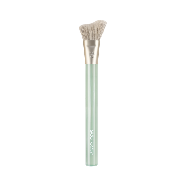 Highlighter brush with curved tapered bristles and translucent mint-green handle