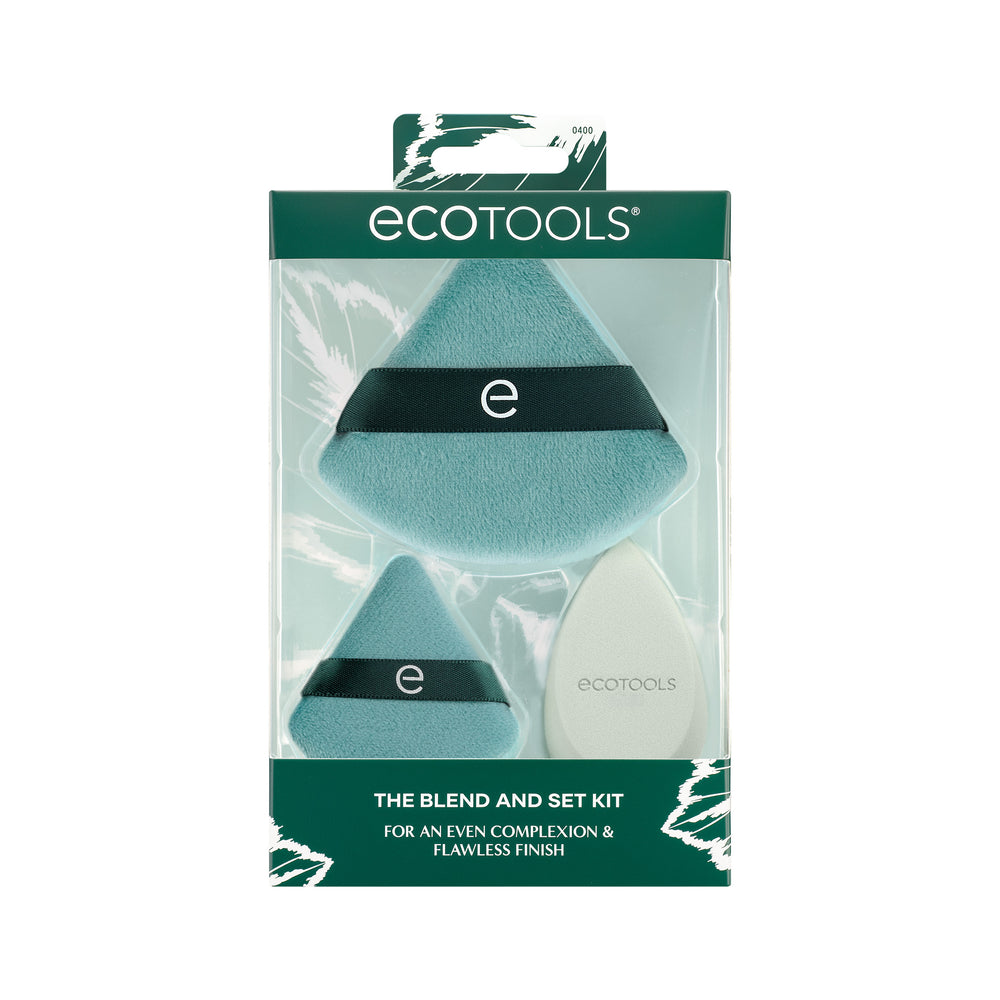 Teal triangular blending sponges and one white teardrop setting sponge