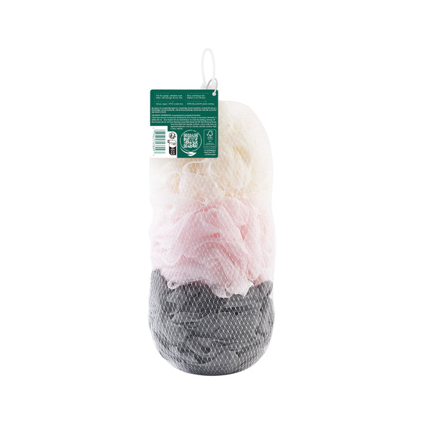 Packaged 3-count bath sponge loofahs in white mesh pouch with pink and gray