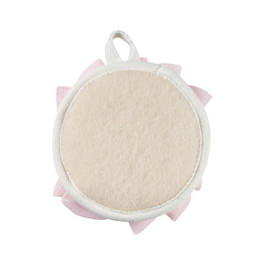 Round beige exfoliating cleansing pad with mesh edge and hanging loop.