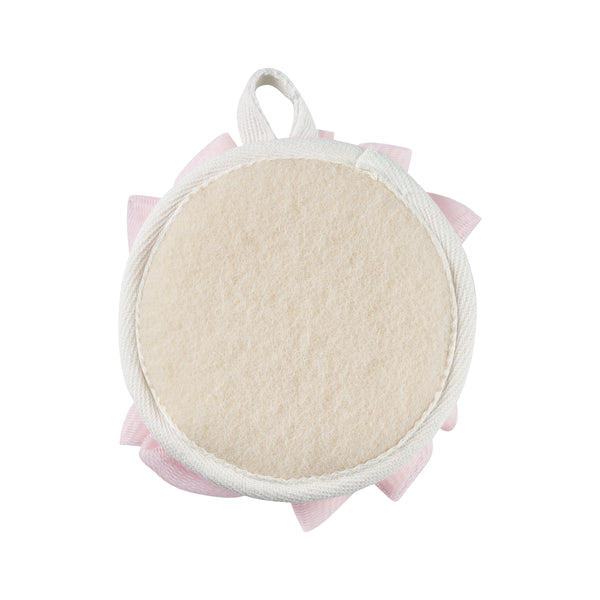 Round beige exfoliating cleansing pad with mesh edge and hanging loop.