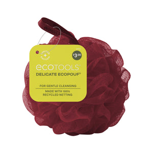 Red mesh ruffle eco pouf scrubber with hanging tag