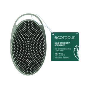 Olive green oval silicone body scrubber with dot bristles and hanging loop