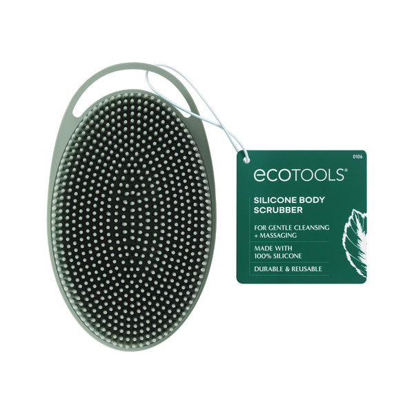 Olive green oval silicone body scrubber with dot bristles and hanging loop