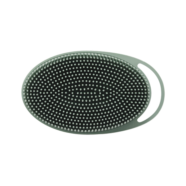 Sage green oval silicone body scrubber with dense round dot bristles