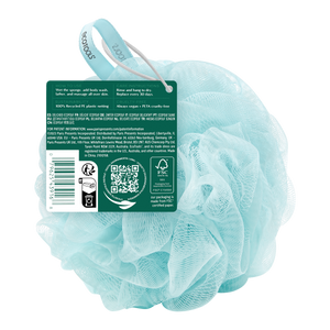 Light blue mesh cleansing pouf with rectangular product label and barcode