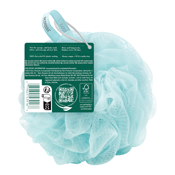 Light blue mesh cleansing pouf with rectangular product label and barcode