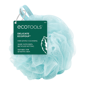 Light blue mesh cleansing pouf with green product card for delicate use