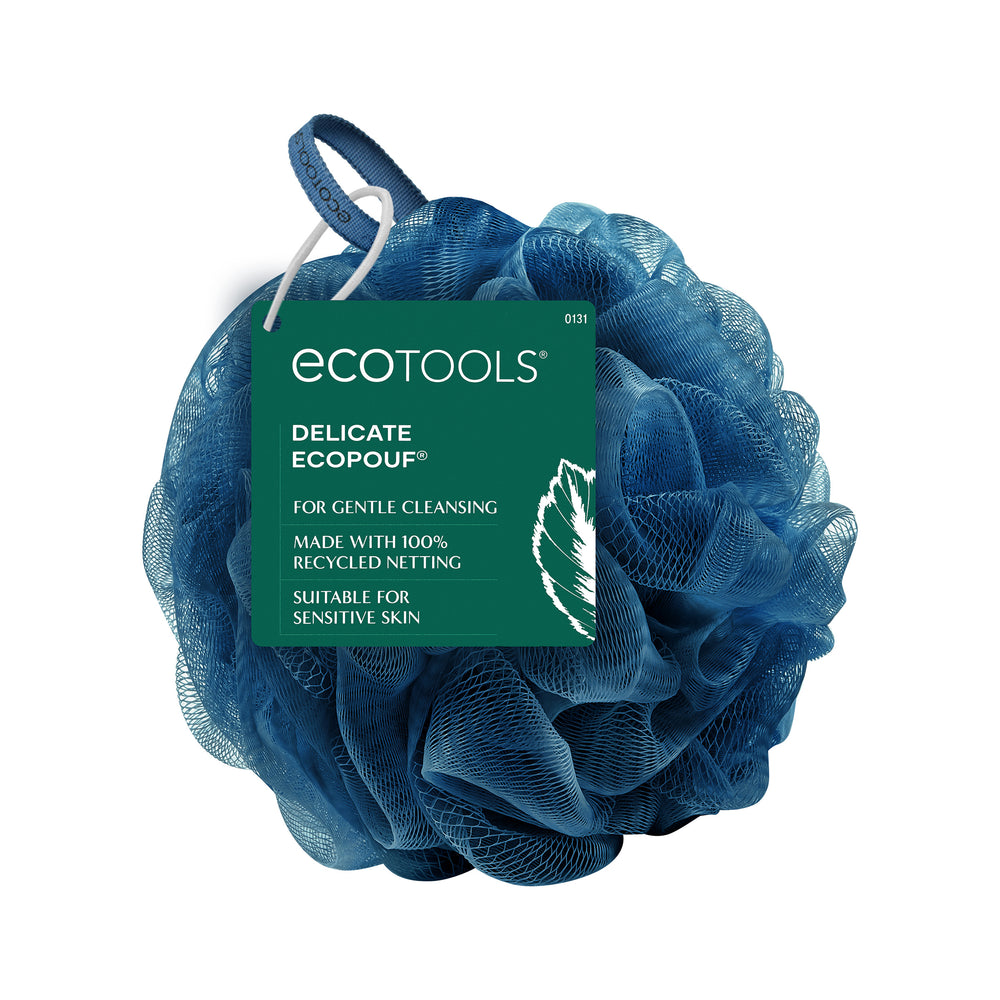 Blue mesh bath pouf with loop handle, delicate cleansing scrub